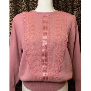 Vintage 1980s Mauve Sweater with Lace & Ribbon Details